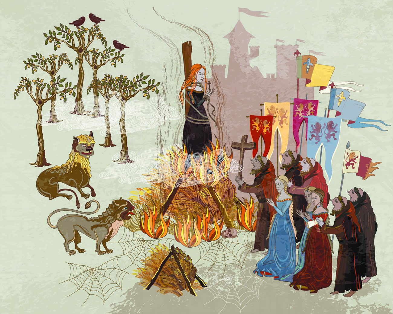 Ilustración representando la cacería de brujas durante la Inquisición 
